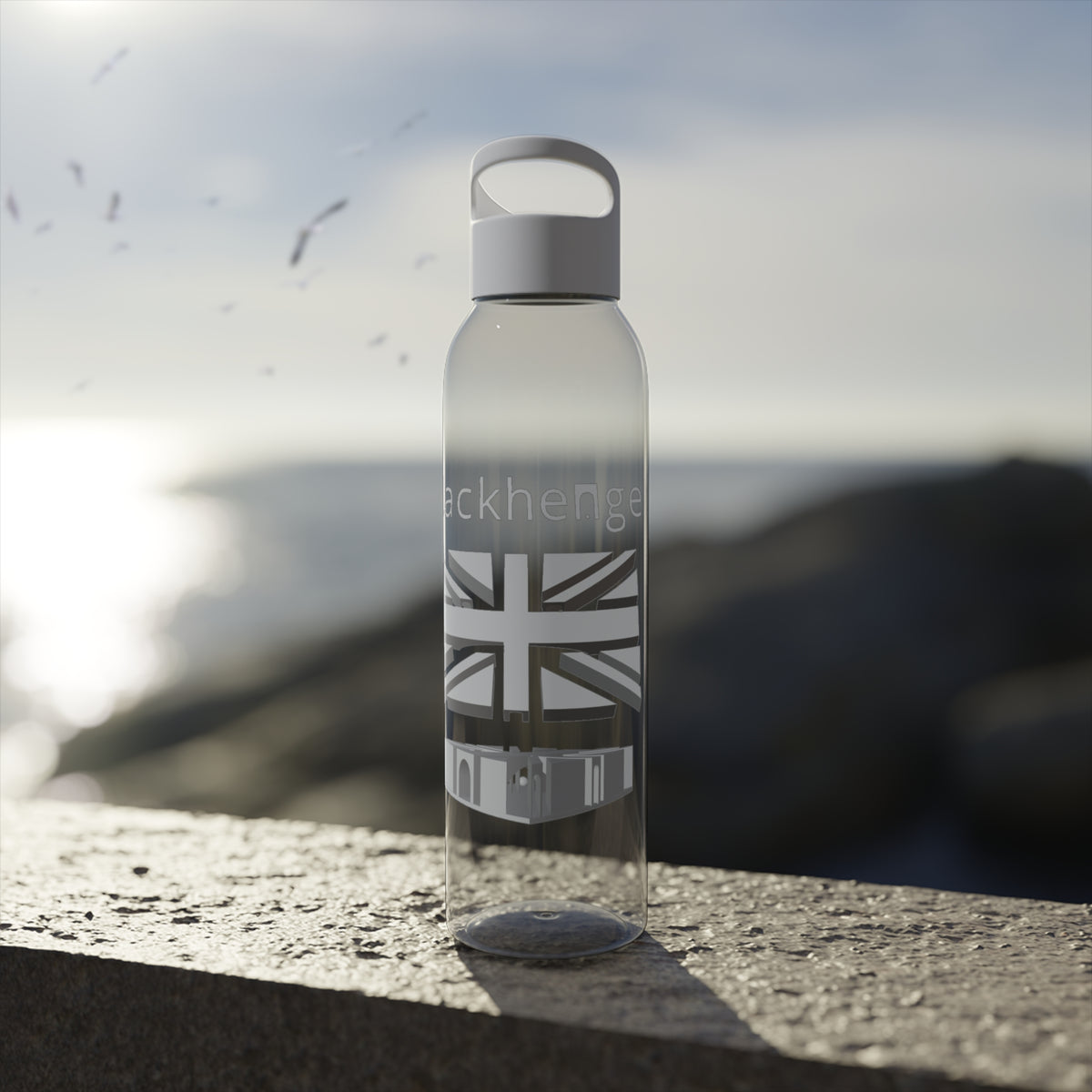 Jackhenge water bottle on a wall