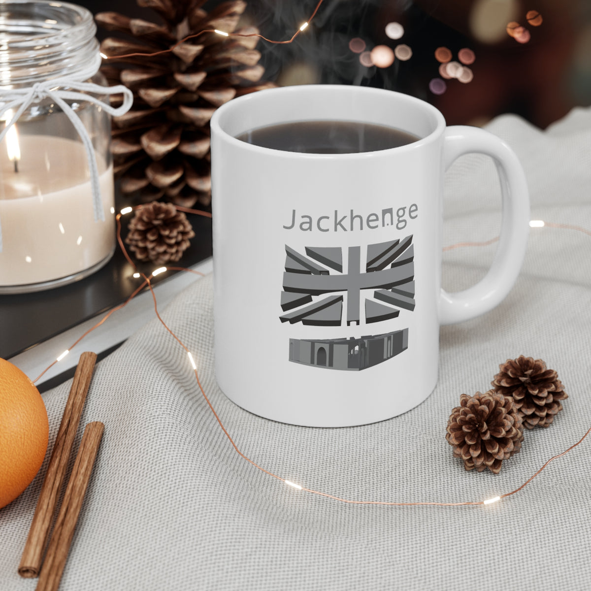 Jackhenge monument mug on a table