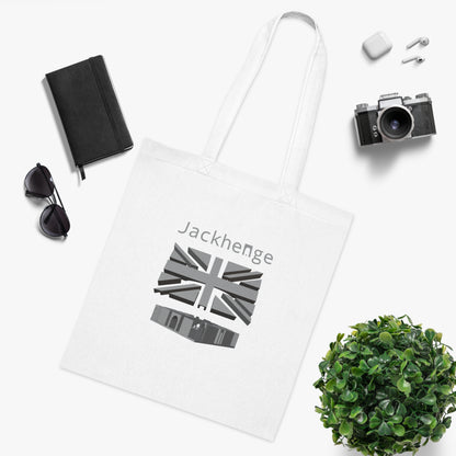 Jackhenge monument tote bag white laid flat